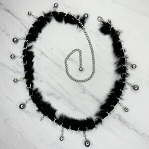Beaded Fur Woven Silver Tone Chain Link Belt One Size OS Boho ✨